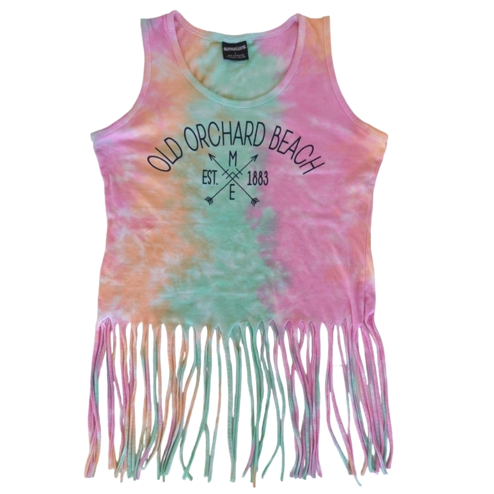 Sunsations Tie-Dye Cropped Fringe Beach Tank Top LARGE Pink Green